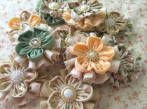 wedding photo -  10 shabby chic handmade flowers, peach, beige, ivory and sage green colors.