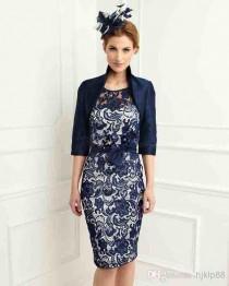 wedding photo - New Navy Blue Satin Lace Knee Length Sheath Scoop Mother of the Bride Dresses With 3/4 Sleeves Jacket Mother Dress Plus Size, $76.97 