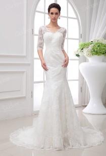 wedding photo - Sheer Lace Half Sleeves V-neck Sweetheart Mermaid Wedding Dress