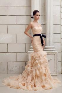 wedding photo -  Champagne Organza Mermaid Dropped Bridal Gown with Tiered Flare Skirt