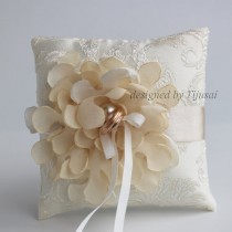 wedding photo - Wedding pillow with ivory curly flower ---wedding rings pillow , rings cushion, wedding pillow, ready to ship