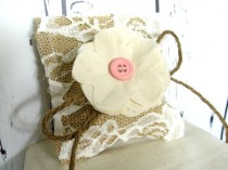 wedding photo - Rustic PET Ring Bearer Pillow for Tiny Teacup DOG or PUPPY, Burlap and Lace Vintage Wedding Chic Fabric Flower, Custom button color