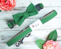 wedding photo - Dog Bow Tie In Forest Green With Options For Dog Collar, Dog Leash I Dog and Bow