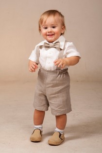 wedding photo - Baby boy linen suit ring bearer outfit SET of 4 first birthday baptism suspenders kids natural clothes rustic wedding summer family photo