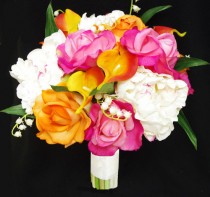 wedding photo - Silk Peonies, Callas and Roses Wedding Bouquet  - Orange and Fuchsia Natural Touch Flower Bride Bouquet - Almost Fresh