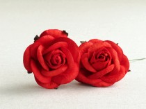 wedding photo - 50mm Scarlet Red Paper Roses (2pcs) - Large mulberry paper flowers with wire stems - Great for wedding decoration and bouquet [101]
