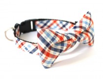 wedding photo - Dog cat bow tie collar Seersucker Plaid Orange Blue, UsagiTeam designer dog collars with bowties
