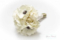 wedding photo - Rose & Anemone Wedding Bouquet, Wedding Bridal Bouquet Boutonniere Set, Real Touch Flowers White Black Ivory