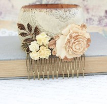 wedding photo - Bridal Hair Comb Wedding Accessories Flower Collage Shabby Country Large Cream Ivory Rose Antique Gold Brass Leaves Bridal Hair Accessories