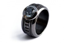 wedding photo - Black Engagement Ring, Unique Ring - Nautical Blue Aquamarin gemstone  -Steampunk Ring,  Unisex ring, Engraved Personalized Ring