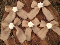 wedding photo - Set of 5 Sola Flower Burlap Bows - Shabby Chic Rustic Wedding Decor - Burlap Pew Bows - Wedding Chair Bows