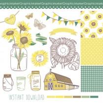 wedding photo - Sunflowers, Mason Jars and digital papers - Clip art for scrapbooking, barn wedding invitations, Rustic farm, Southern, Small Commercial Use