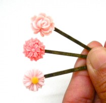 wedding photo - Pretty in Pink Set of Three Resin Cabochon Flower Bobby Pins, Resin Cabochon, Flower Bobby Pins, Hair Accessory