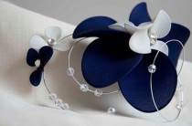 wedding photo - Swarovski bridal headpiece Navy Blue and ivory fascinator Fascinator headband Simple fascinator Flower headpiece Wedding hair comb