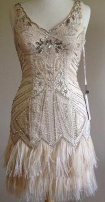 wedding photo - NEW! SUE WONG 1920's Gatsby Deco Champagne Beaded Feather Bridal Flapper Dress 6