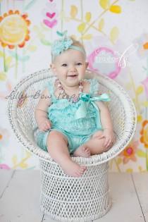 wedding photo - SET-Blue Aqua Lace Petti Romper-Lace Headband-Baby Girl Clothes-Preemie-Newborn-Infant-Child-Toddler-Baptism-Wedding-Flower Girl Dress-Pearl