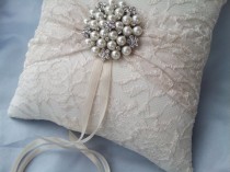 wedding photo - Ivory Ring Bearer Pillow Lace Ring Pillow Pearl Rhinestone Accent