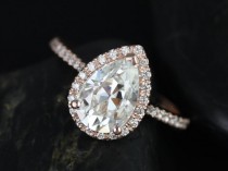 wedding photo - Tabitha 10x7mm 14kt Rose Gold Pear FB Moissanite and Diamonds Halo Engagement Ring (Other metals and stone options available)