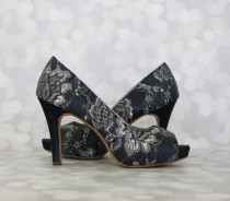 wedding photo - Navy Blue Wedding Shoes --Navy Peep Toe Platform Wedding Shoes with Lace Overlay - CHOOSE YOUR COLOR