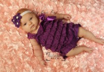 wedding photo - Baby Girl Clothes-Purple Romper-Lace Petti Romper & Flower Headband-Outfit-Preemie-Newborn-Infant-Child-Toddler-Baptism Dress-Wedding-Bow