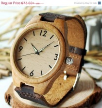 wedding photo - SALE Personalizable Minimalist Bamboo Wooden Watch with Genuine Leather Strap ,mens watch, groomsmen gift, wood watch, men's watc