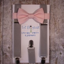 wedding photo - Blush Bow Tie and Grey Suspenders, Toddler Suspenders, Baby Suspenders, Ring Bearer, Pale Pink, Soft Pink, Light Pink