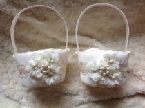 wedding photo - Two Flower girl baskets / ivory or white / chiffon puff with rhinestones / best seller / custom colors 