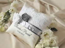 Lace Wedding Pillow, Grey lace Wedding Ring Pillow, Ring Bearer Pillow Embroidery Names wedding photo - Lace Wedding Pillow, Grey lace Wedding Ring Pillow, Ring Bearer Pillow Embroidery Names