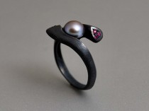 wedding photo - The Hug Statement Engagement Ring Modern Minimal Chic Design Black Sterling Platinum Plated Mystery Pearl Ruby Gems Rare Beauty Special Gift