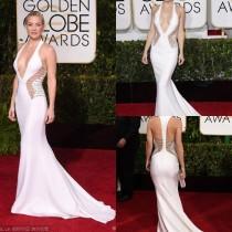 wedding photo - Kate Hudson 72th Golden Globes White Evening Celebrity Dress Deep V Neck Sweep Train Hollow Party Prom Chiffon Beaded Sexy Red Carpet Gown, $104.82 
