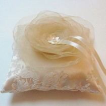 wedding photo - Wedding Ring Pillow in Ivory Beige Bloom on Brocade Cream Satin