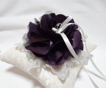 wedding photo - Purple wedding ring pillow - deep purple satin tulle bloom and silver lace on Ivory lace ring pillow