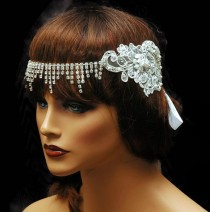 wedding photo -  Wedding Headpiece,Forehead Chain Bridal Headpiece,1920s Flapper Headpiece,Lace Couture Headpiece, White Wedding Headpiece by Ayansi