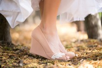 wedding photo - Wedding Shoes -  Nude Peep-Toe Wedge, Nude Wedding Heels, Nude Wedges, Bridal Shoes with Ivory Lace. US size 9