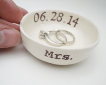 wedding photo - custom MRS mrs. Mrs Smith, etc RING HOLDER gift for bride ring holder wedding date bridal shower gift hers ring pillow wedding gift ceramic