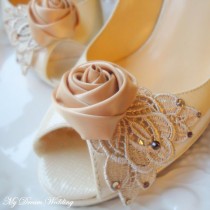 wedding photo - Beige shoe clips. Beige rose and Venice lace accented  with Swarovski Crystals  -NUDE COLLECTION-01