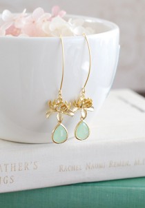 wedding photo - Mint Green Earrings, Gold Lotus Flower Earrings, Long Dangle Earrings, Lotus Jewelry, Yoga Jewelry, Zen Jewelry, Mint Wedding Bridal Jewelry