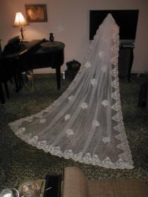 wedding photo - Vintage IVORY long Alencon Lace Mantilla Bridal Veil
