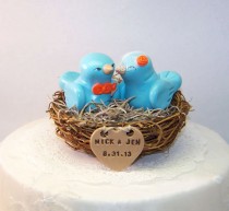wedding photo - Bird Wedding Cake Topper - Nest LoveBirds - Aqua, Light Teal and Orange - Personalized Heart - Customizable Wedding Nest Cake Topper Birds