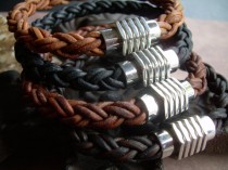 wedding photo - Mens Thick Braided Leather Bracelet with a Large Stainless Steel Magnetic Clasp, Fathers Day Gift, Mens Bracelet, Mens Jewelry, Groomsmen