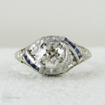 wedding photo - Art Deco Platinum Filigree Engagement Ring. Circa 1920s Diamond & Sapphire Engagement Ring.