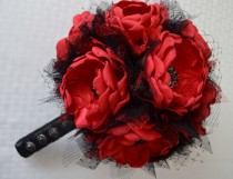 wedding photo - Red and Black Fabric Flower Bouquet - Heirloom Bouquet, Forever Bouquet, Fabric Bouquet, Fabric Flowers, Vintage Style