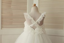 wedding photo - Lace Tulle TUTU Flower Girl Dress Cross Back Junior Bridesmaid Dress Toddler Kids Dress for Wedding