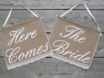 wedding photo - Here Comes The Bride signs - Two Ring Bearer Signs  - Rustic Wedding signs - Double Wedding sign - Here Comes The Bride Banners