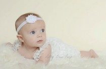 wedding photo - Baptism Outfit-Lace Petti Romper & Flower Headband SET-Newborn-Baby Girl Clothes-Preemie-Infant-Child-Flower Girl Dress Up-Confirmation-SOFT