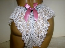 wedding photo - Naughty Black Pin Up Girl Thong all Sexy with White Lace and Pink Bows Thong Pantie Size Small S