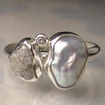wedding photo - Baroque Pearl and Rough Diamond Ring - Recycled Sterling Silver Engagement Ring - Made to Order