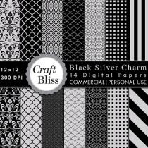 wedding photo - Black Silver Charm Digital Paper Pack Commercial Use INSTANT DOWNLOAD Digital Scrapbook Papers Wedding Invitation Gift Wrap Craft Supplies