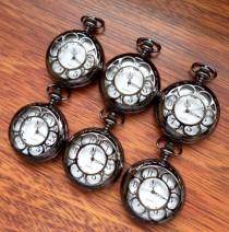 wedding photo - Set of 6 Black Quartz Pocket Watches with Vest Chains Groomsmen Gift Groom's Corner Wedding Party Ships from Canada