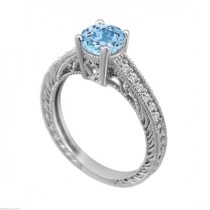 wedding photo - Aquamarine Engagement Ring Aquamarine & Diamond Engagement Ring 14K White Gold 0.64 Carat Vintage Style HandMade